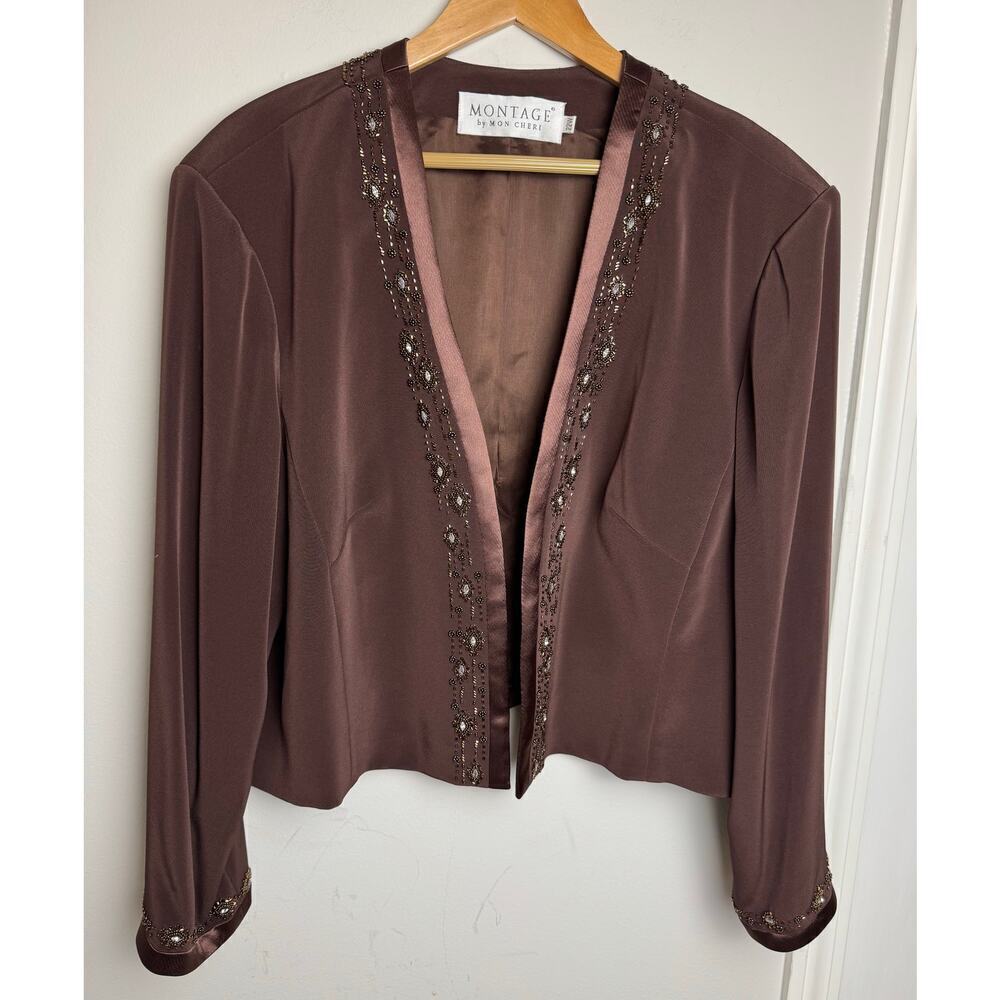 MONTAGE BY Mon Cheri Plus Size Open Front Beaded Jacket / Blazer 22W Chocolate